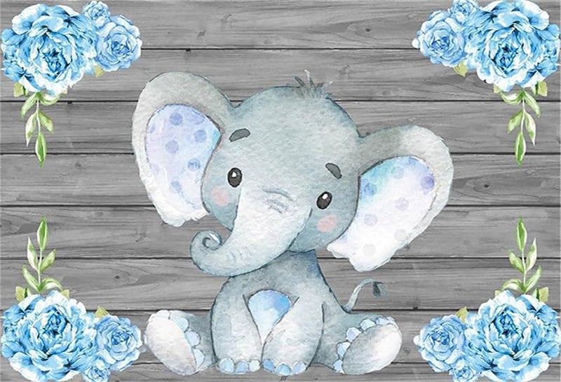 AOFOTO 6x4ft Flowers Wooden Elephant Backdrop Blue Baby Boy Gender Reveal Party Decorations Sweet Floral Baby Shower Photo Shoot Background for Photography Kid Child Birthday Photo Studio Props Vinyl - Image 1